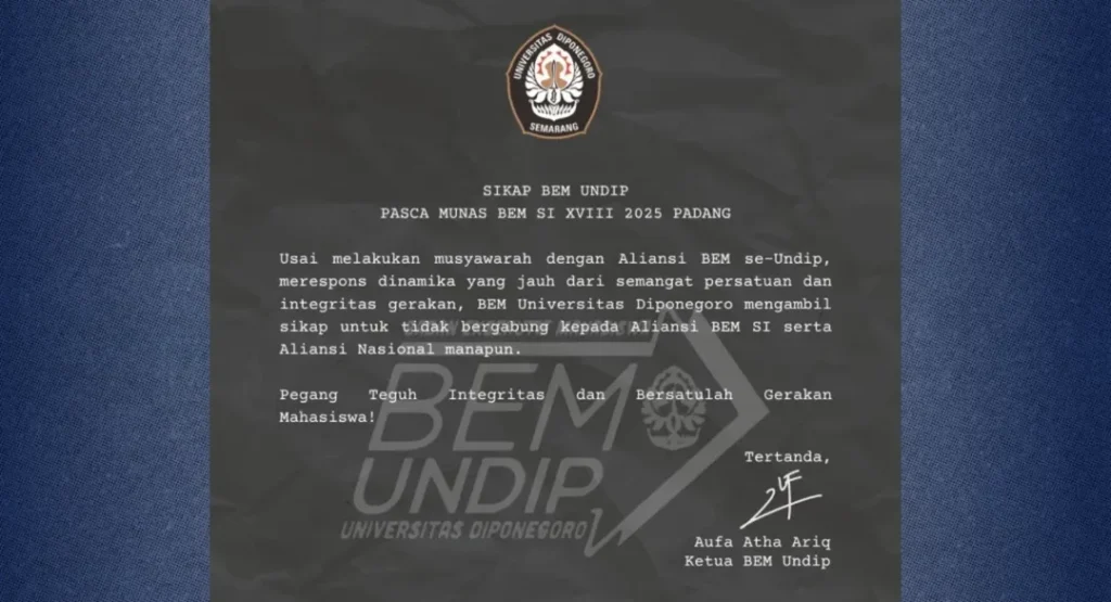 BEM Undip Tinggalkan BEM SI, Sehari Setelah UGM Nyatakan Sikap Serupa